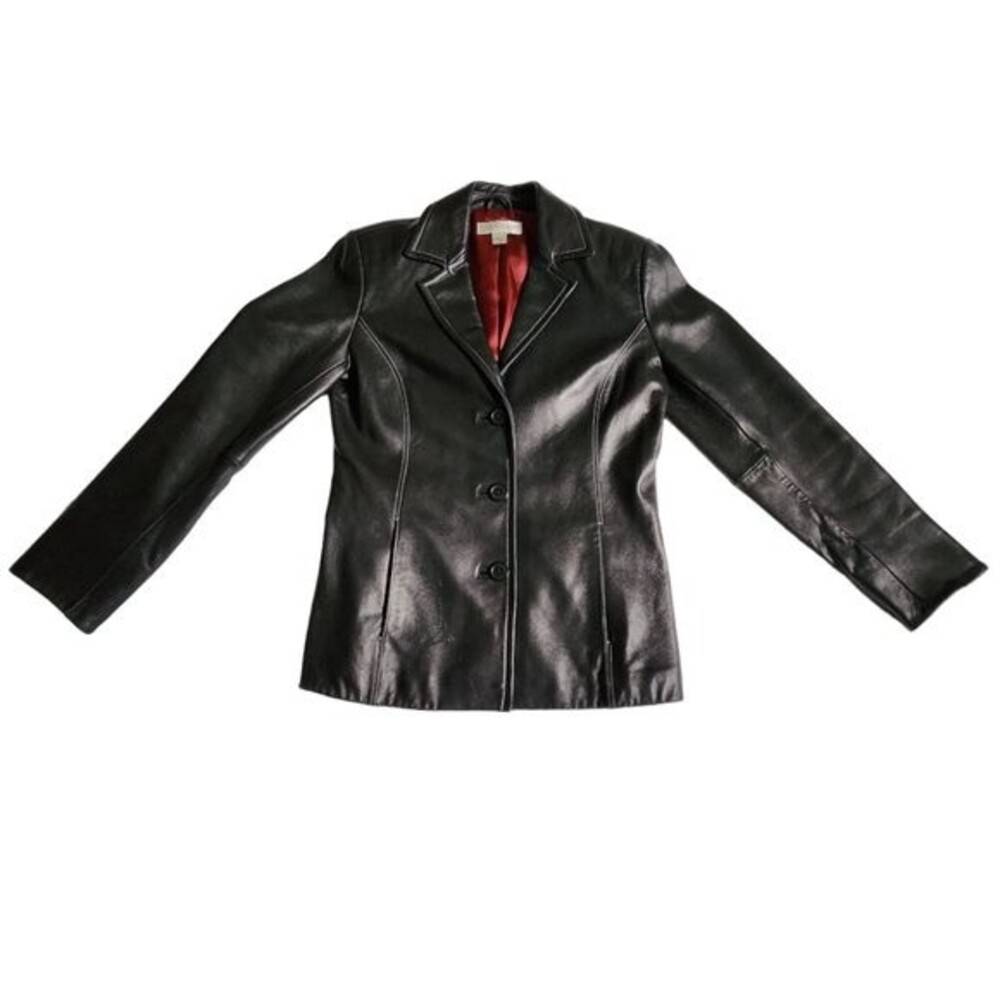 Casual Corner black 3 button closure notched collar leather jacket sz S